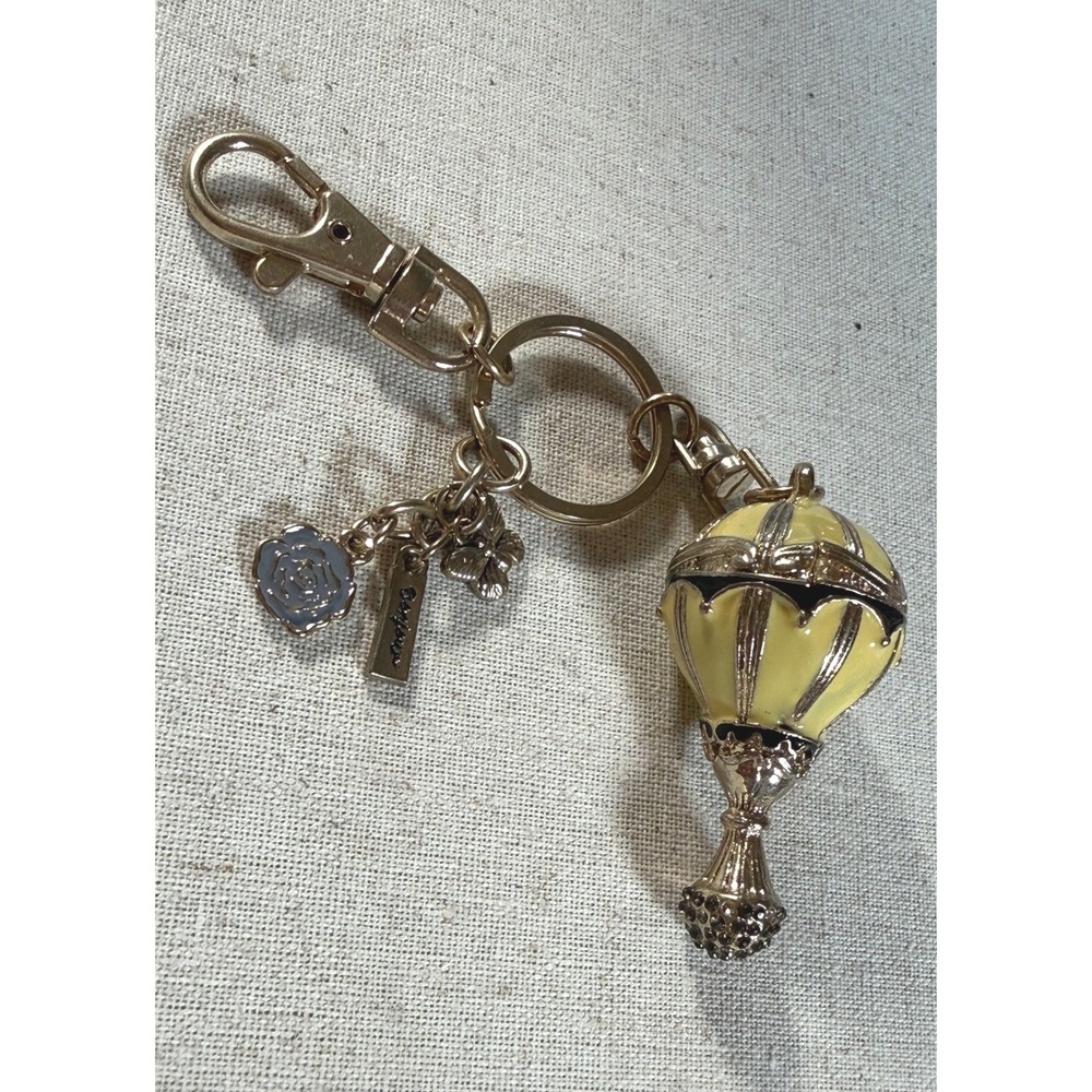 Bonjour Hot Air Balloon Bag Charm Keychain Gold Tone Enamel Rose Butterfly